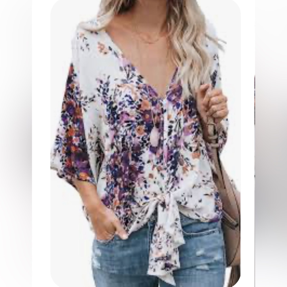 Lovestitch Kimono Style Floral Tie-Front 3/4 Sleeve Blouse - Size S